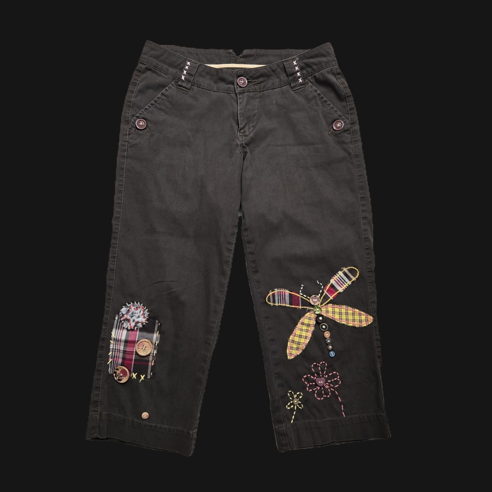 SOLD Jag Upcycled Brown  Capris With Patchwork, Embroidery, And Accent Buttons